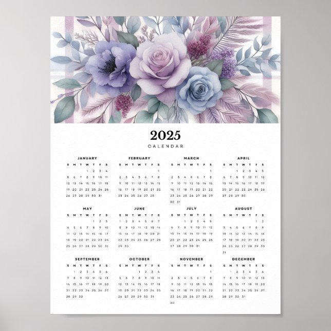 Poster Flores Roxas de Calendário de Parede 2025 mínimo (Frente)
