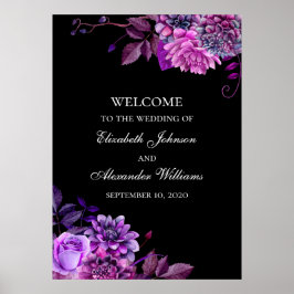 Poster Flores roxas em aquarela. Boas-vindas de casamento