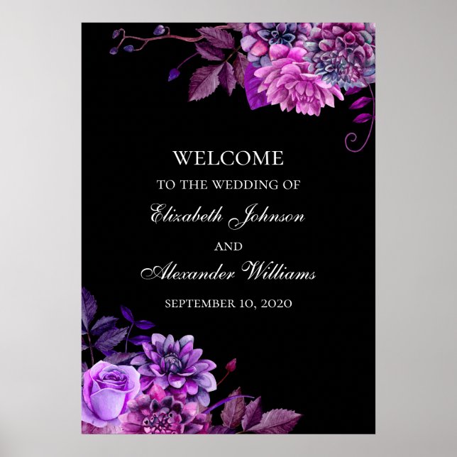 Poster Flores roxas em aquarela. Boas-vindas de casamento (Frente)