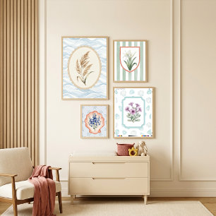 Poster Flores Roxas em Moldura com Vidro de Mar e Conchas