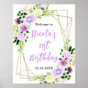 Poster Flores Roxos com Folhagem de Boas-Vindas de Aniver