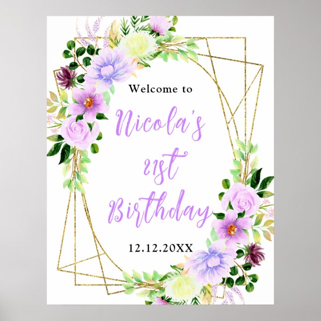 Poster Flores Roxos com Folhagem de Boas-Vindas de Aniver (Frente)
