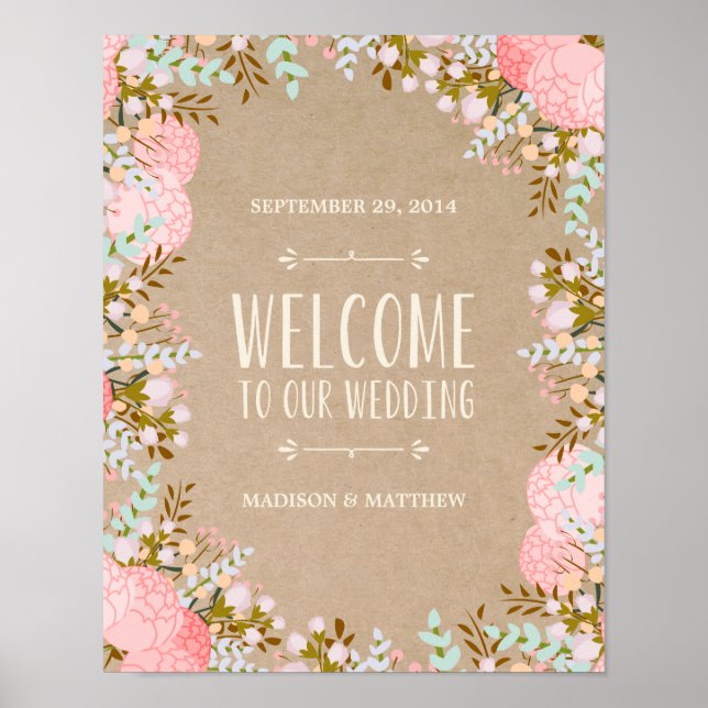 Pôster Flores Rústicas | Placa de Recepção de Casamento (Frente)