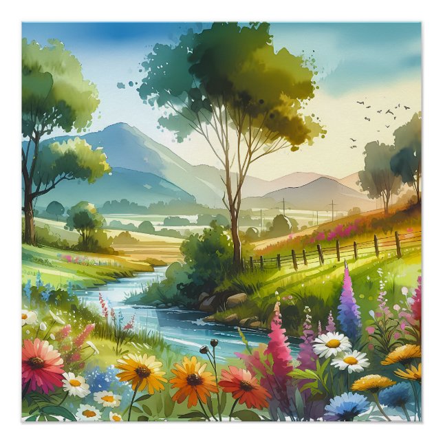 Pôster Flores selvagens e riachos no Vale de Primavera (Frente)