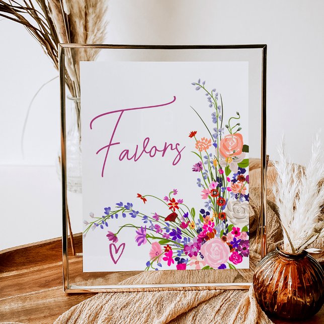 Poster Flores selvagens favorece o chá de panela (Wild flowers script favors bridal shower poster)