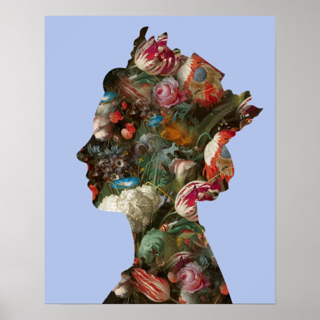 Poster Flores Silhueta Rainha Elizabeth II Pequeno (Frente)