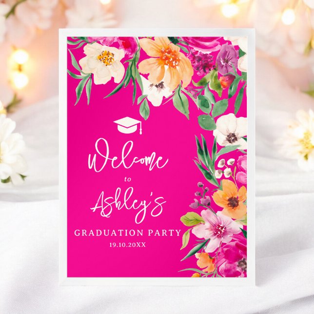 Poster Flores silvestres brilhantes, graduação rosa bem-v (Bright wild flowers pink graduation welcome poster)