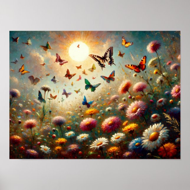 Poster Flores silvestres cercadas por borboletas (Frente)