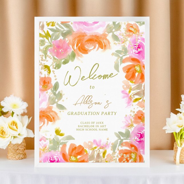 Poster Flores silvestres de laranja do jardim bem-vindas  (Garden orange wildflowers welcome graduation poster)