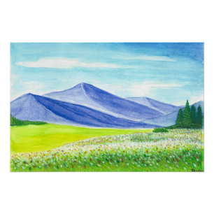 Pôster Flores Silvestres de Vale da Montanha Azul Aquarel