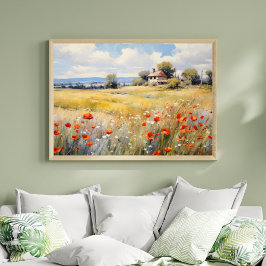 Poster Flores silvestres em campo rural Casa de campo rús