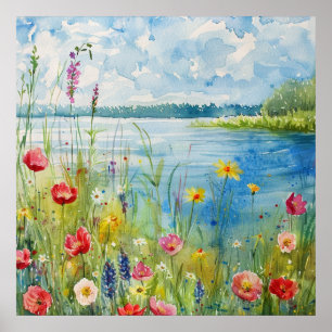 Poster Flores silvestres junto a um lago