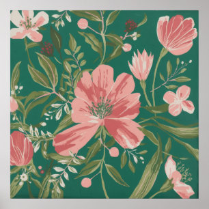 Poster Flores Silvestres Rosa Coral em Arte Botânica Turq