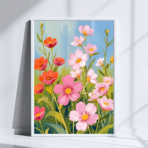 Poster Flores Silvestres Rosa Pintura Floral em Aquarel