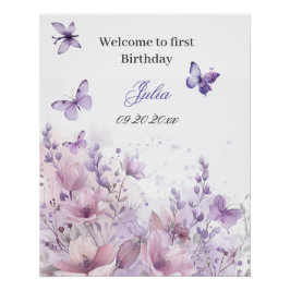 Pôster Flores silvestres roxas Borboleta Primeiro anivers