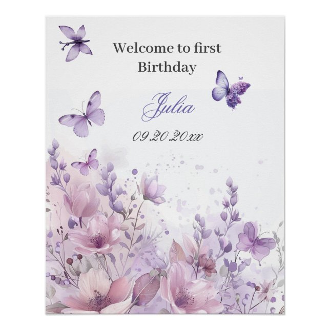 Pôster Flores silvestres roxas Borboleta Primeiro anivers (Frente)