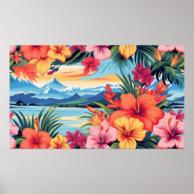 Poster Flores Tropicais Coloridas e Paisagem (Frente)