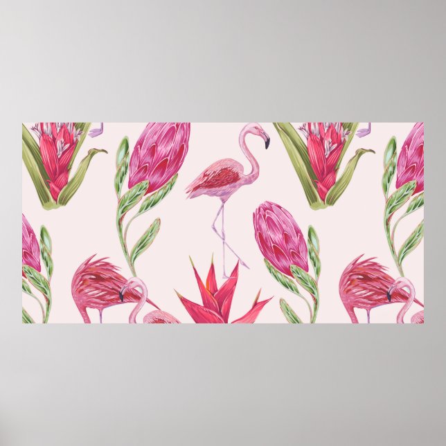 Poster Flores tropicais cor-de-rosa, proteína, ave do par (Frente)