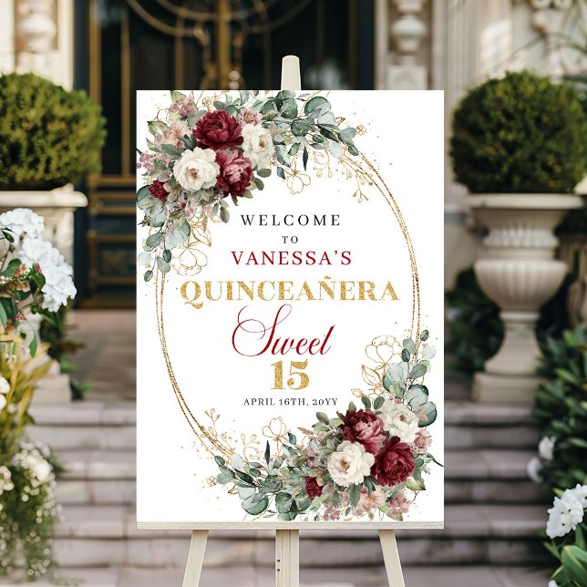 Poster Flores verde burgundy dourado recepção de Quinceañ (Burgundy flowers greenery gold Quinceañera welcome

)