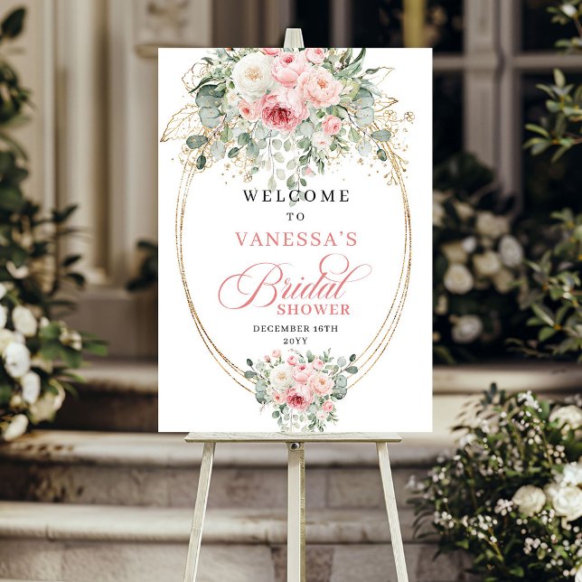 Poster Flores Verde Dourado Batizado Glam Blush (Glam Blush Flowers Greenery Gold Bridal Shower Welcome)