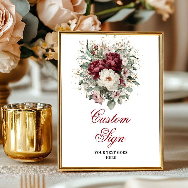 Poster Flores Verde Vegetal Borgonha Dourado Personalizad (Beautiful Burgundy Flowers Greenery Gold Custom Sign)