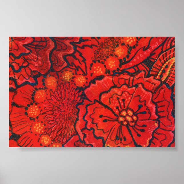 Poster Flores Vermelhas, Abstrato Flor Quirky, Arte Flora (Frente)