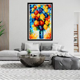 Poster Flores vermelhas amarelas brancas azuis abstratas