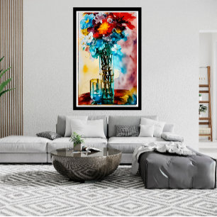 Poster Flores vermelhas amarelas brancas azuis em vaso ab