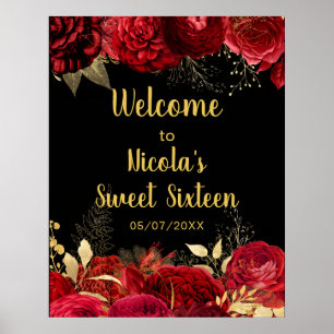 Poster Flores Vermelhas e Douradas Elegantes Boas-Vindas