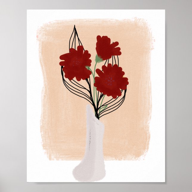 Poster Flores Vermelhas em Arte Desenhada à Mão em Vaso (Frente)