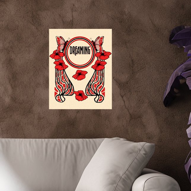 Pôster Flores Vermelhas Flores Borboleta Abstrato Sonhand (Abstract bold design red Black with butterflies and flowers with Dreaming text on cream wall poster.)