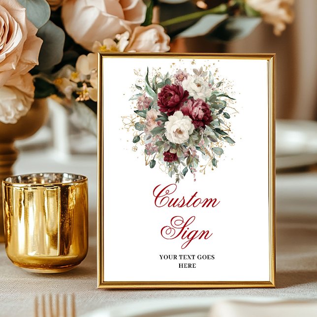 Poster Flores Vermelhas Glam Profundas Eucalipto Dourado  (Glam Deep Red Flowers Eucalyptus Gold Custom Sign)