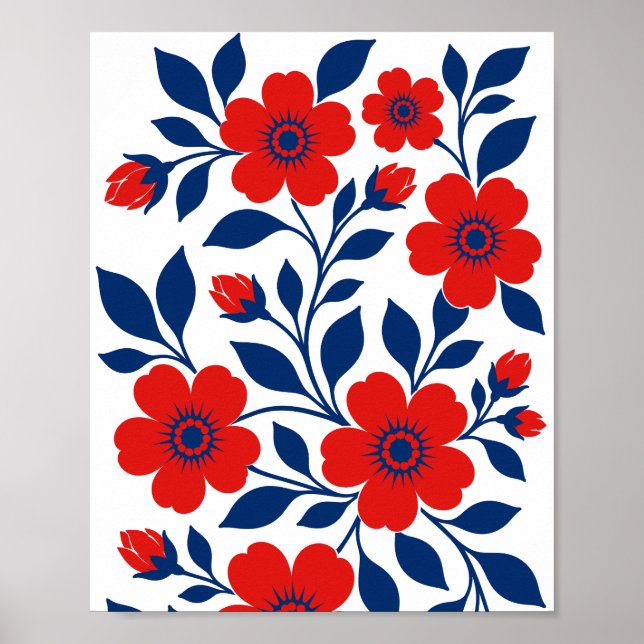 Poster Flores Vermelhas Ousadas e Folhas Azuis Marinho (Frente)