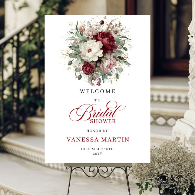 Poster Flores Vermelhas Profundas Eucalipto Dourado Boas- (Deep Red Flowers Eucalyptus Gold Bridal Welcome Sign

)