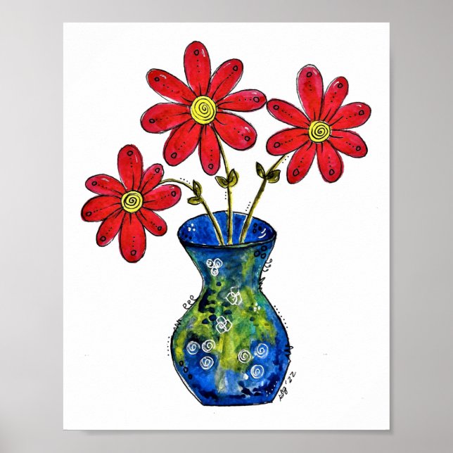 Poster Flores Vermelhas Whimsical em Vaso Azul (Frente)
