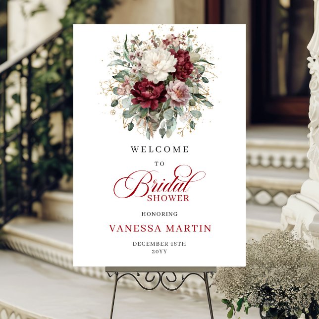 Poster Flores Vermelho Burgundy Profundo Chuveiro de Noiv (Deep Red Burgundy Flowers Bridal Shower Welcome)