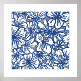 Poster Flores Vibrantes em Azul e Branco