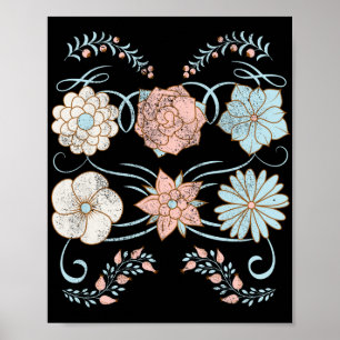 Poster flores vintage angustiadas em rosa e azul