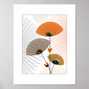 Pôster Flores Whimsical bonito Imagem Preta Laranja