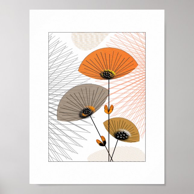 Pôster Flores Whimsical bonito Imagem Preta Laranja (Frente)