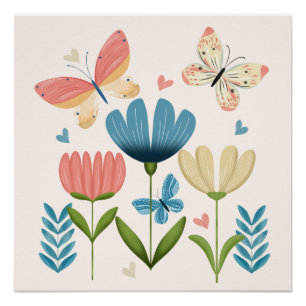 Pôster Flores Whimsical e Borboletas