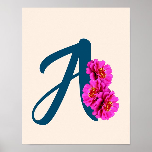 Poster Flores Zinnia Monograma Inicial A  (Frente)
