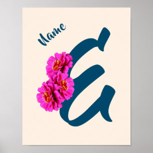 Poster Flores Zinnia Monograma Inicial E Personalizado