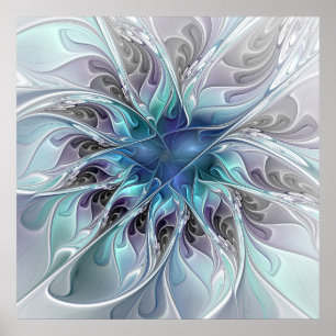 Pôster Florescer Floral Fractal Moderno Abstrato Com Azul