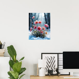 Poster Florescimento de Inverno – Cosmos Rosa na Neve