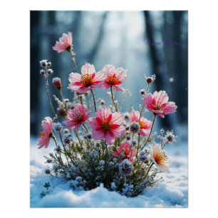 Pôster Florescimento de Inverno – Cosmos Rosa na Neve