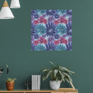 Poster Florescimento Elétrico: floral Azul e Rosa brilhan