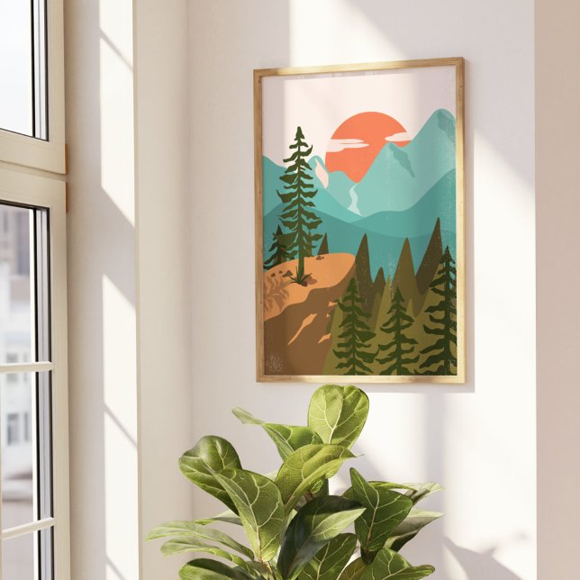 Poster Floresta Abstrata Moderna, Montanhas e Nascer do S (In situ Beside the window)