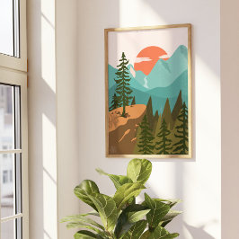 Poster Floresta Abstrata Moderna, Montanhas e Nascer do S