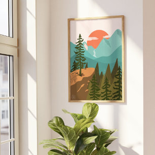 Poster Floresta Abstrata Moderna, Montanhas e Nascer do S